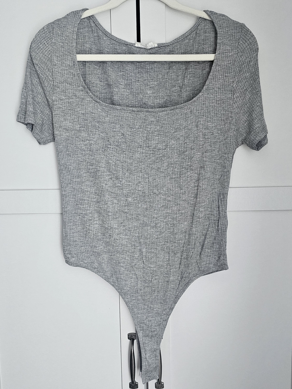 GeeGee Heather Grey Ribbed Short Sleeve Square Neck Bodysuit Size L